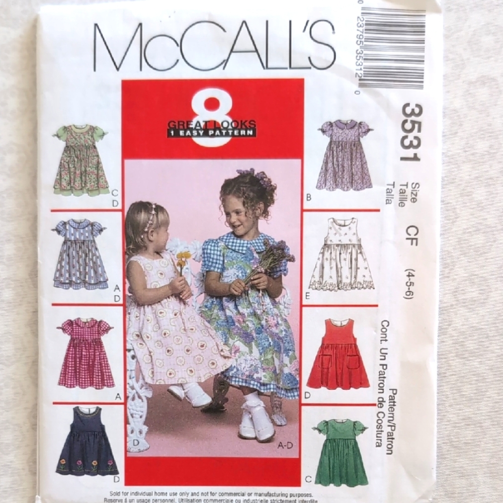 McCall's Never Cut Pattern Little Girls Dresses And Pinafores #3531 Sizes 4,5,6